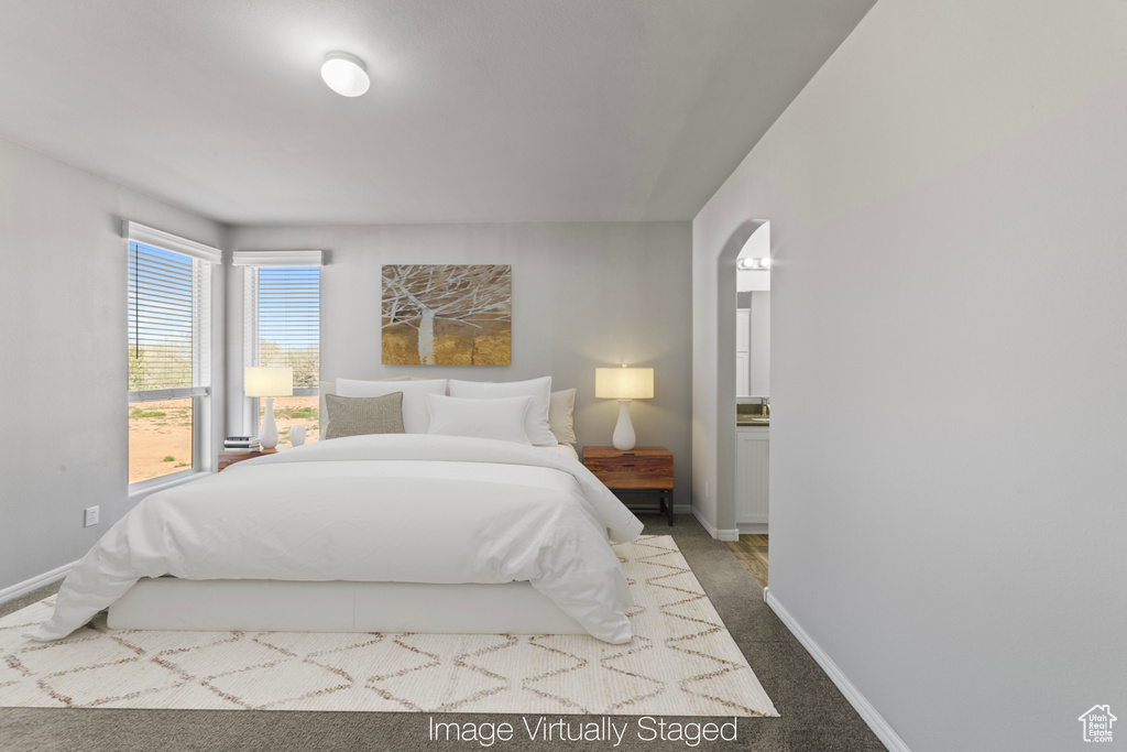 Carpeted bedroom with baseboards and arched walkways