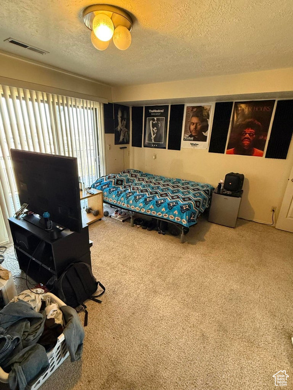 Bedroom with visible vents, carpet, and a textured ceiling