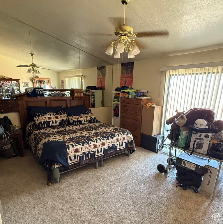 Bedroom with a textured ceiling, multiple windows, and carpet floors