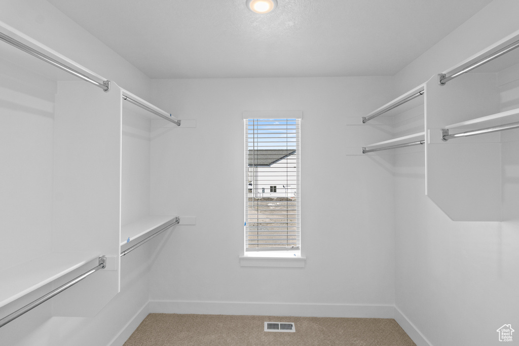 Walk in closet featuring visible vents and light carpet
