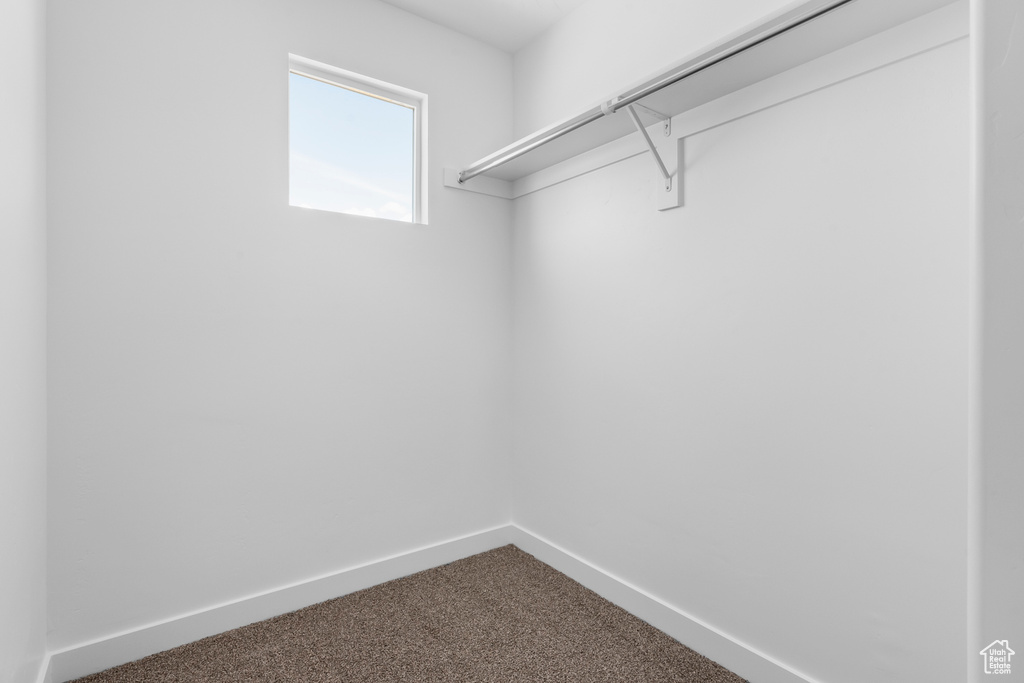 Walk in closet with dark colored carpet