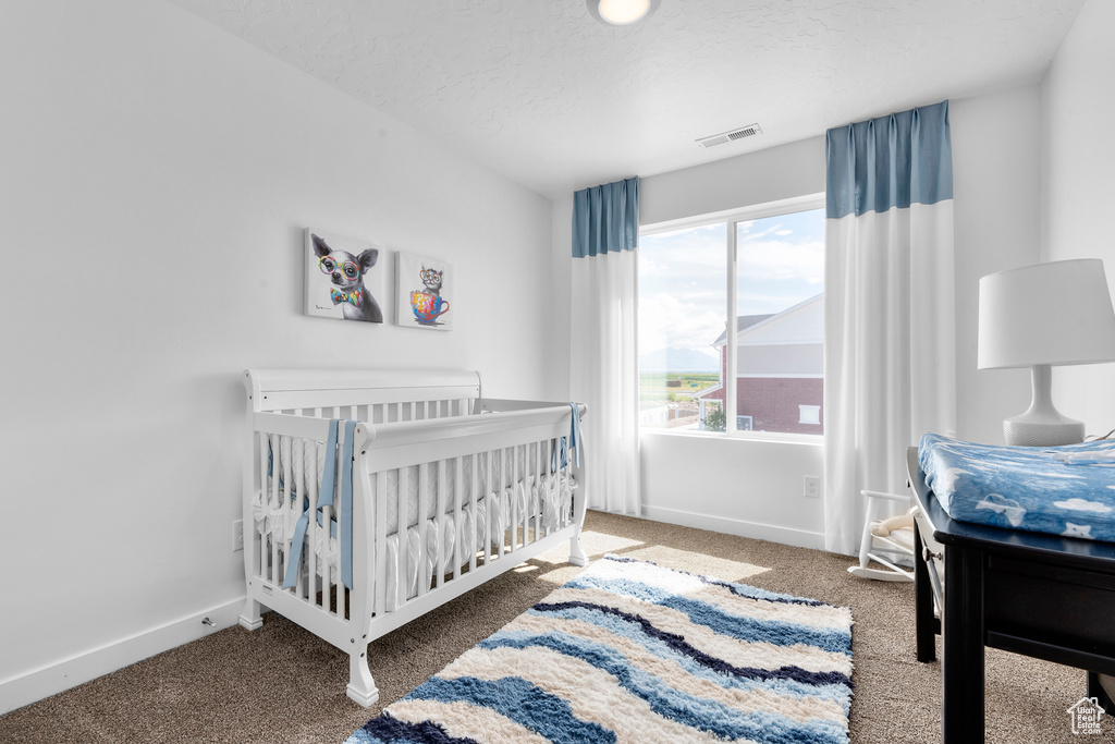 Bedroom with carpet flooring, baseboards, multiple windows, and visible vents
