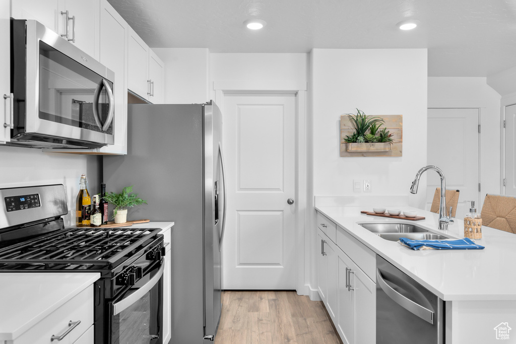 Kitchen featuring light wood-style floors, a peninsula, light countertops, a sink, and stainless steel appliances