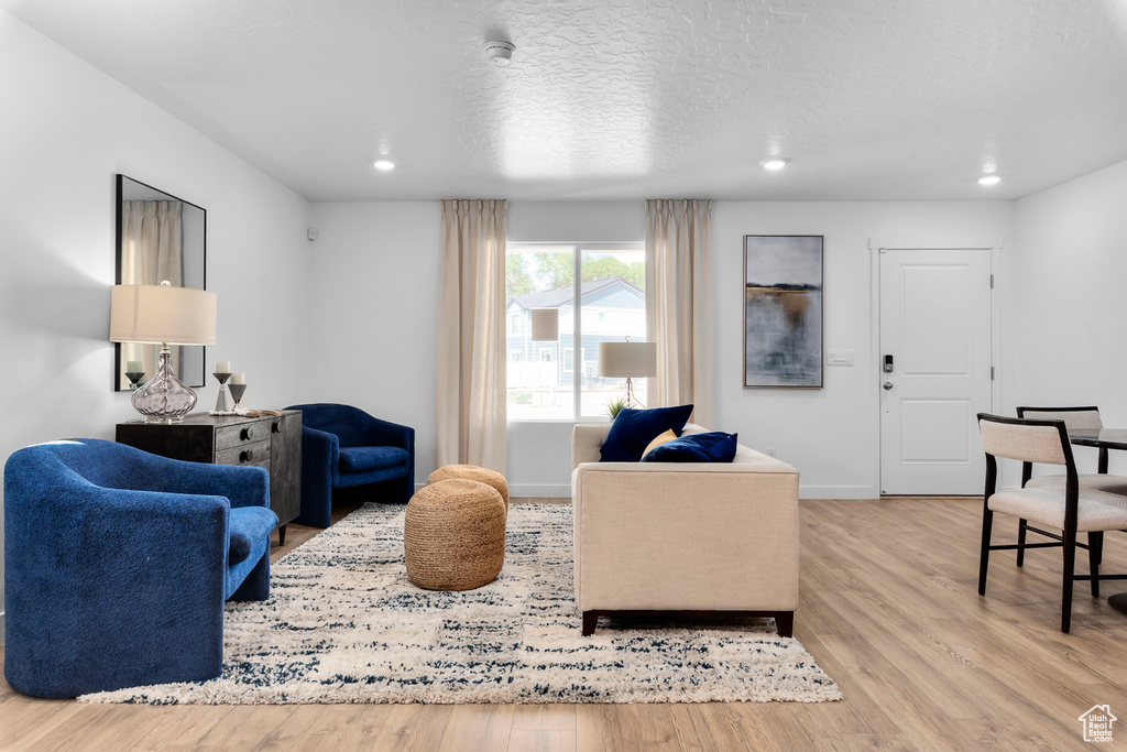 Living room with baseboards, recessed lighting, wood finished floors, and a textured ceiling