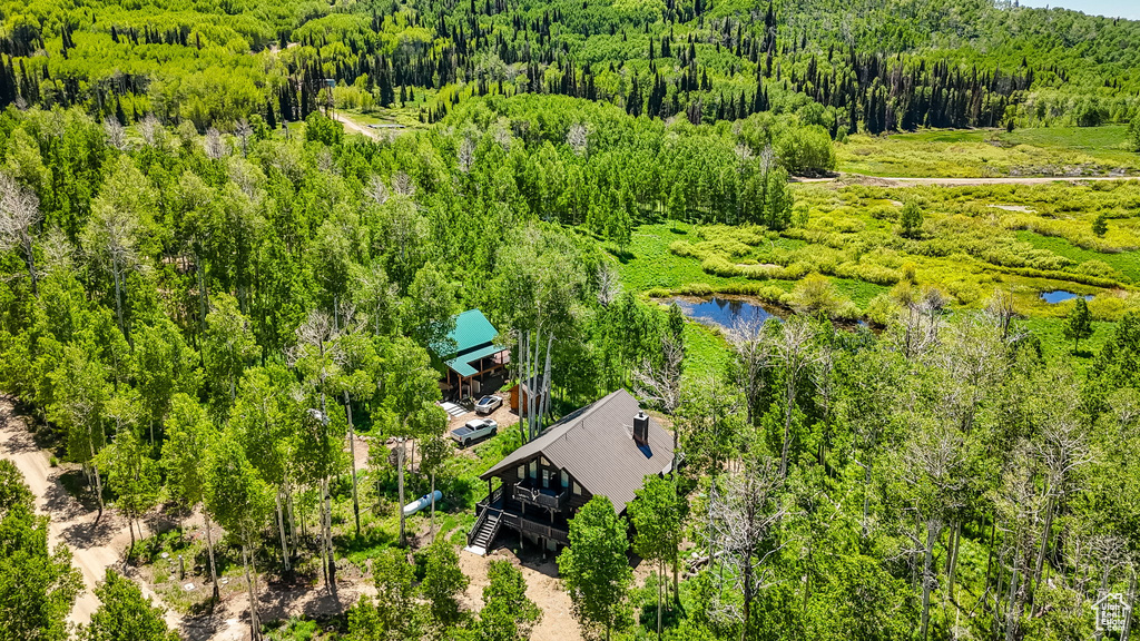 Bird's eye view of a heavily wooded area and a large body of water