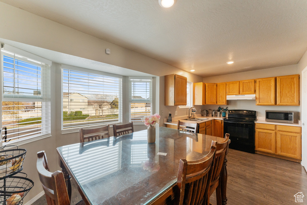 Dining space with dark wood-style flooring, baseboards, and recessed lighting