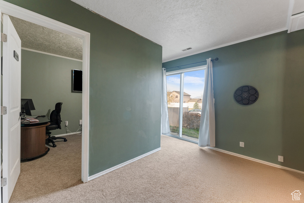 Office area with visible vents, baseboards, carpet, a textured ceiling, and crown molding