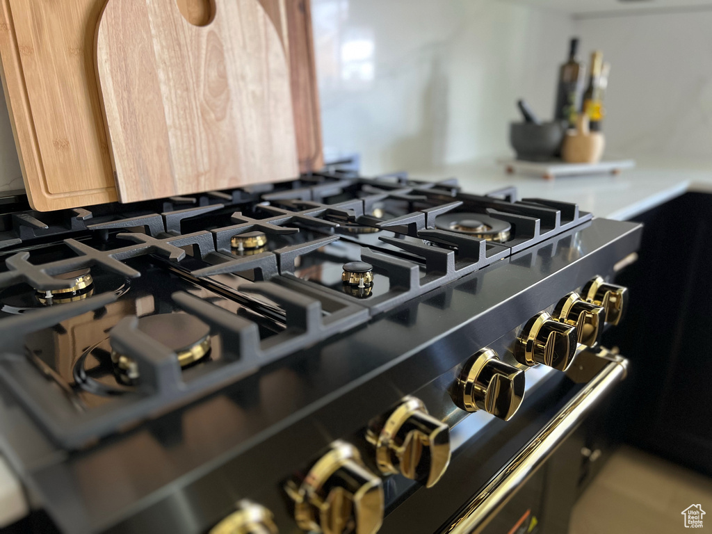 Details featuring tasteful backsplash, stovetop, and range with gas stovetop
