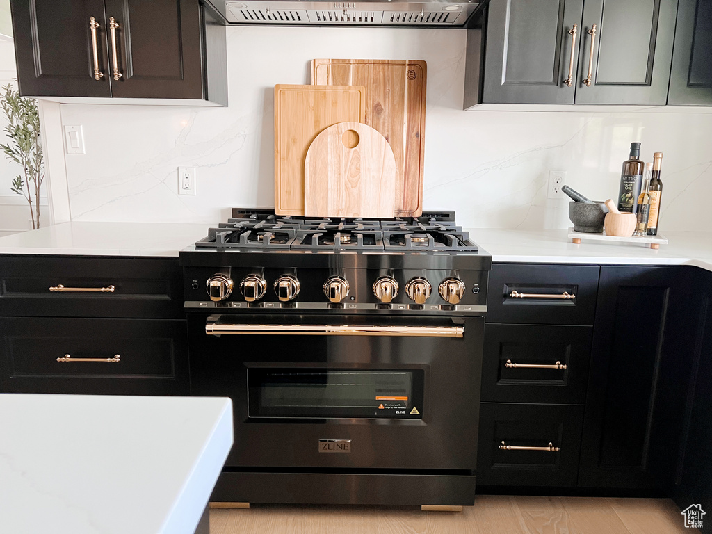 Kitchen featuring stainless steel range with gas cooktop and dark cabinets