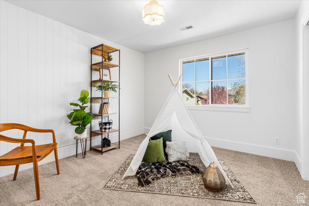 Game room featuring visible vents, baseboards, and carpet floors