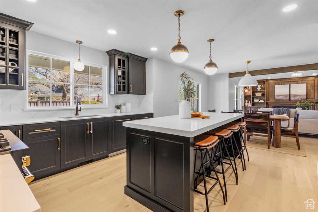 Kitchen featuring a sink, light countertops, light wood-style flooring, and a wealth of natural light