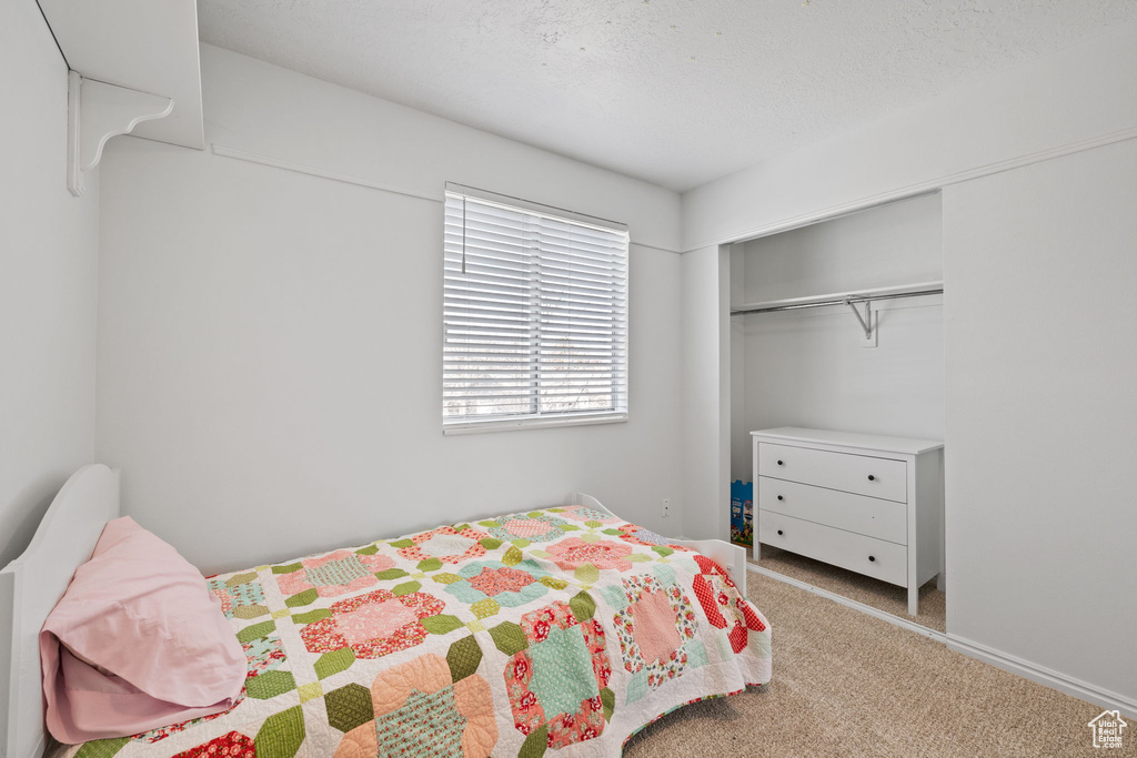 Carpeted bedroom featuring a closet