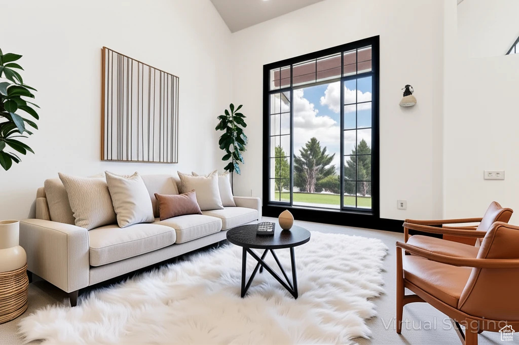 Living area with a towering ceiling and plenty of natural light