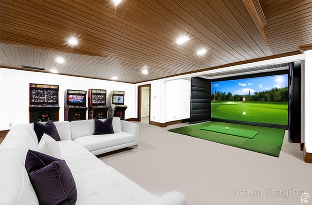 Recreation room with golf simulator, wood ceiling, and recessed lighting