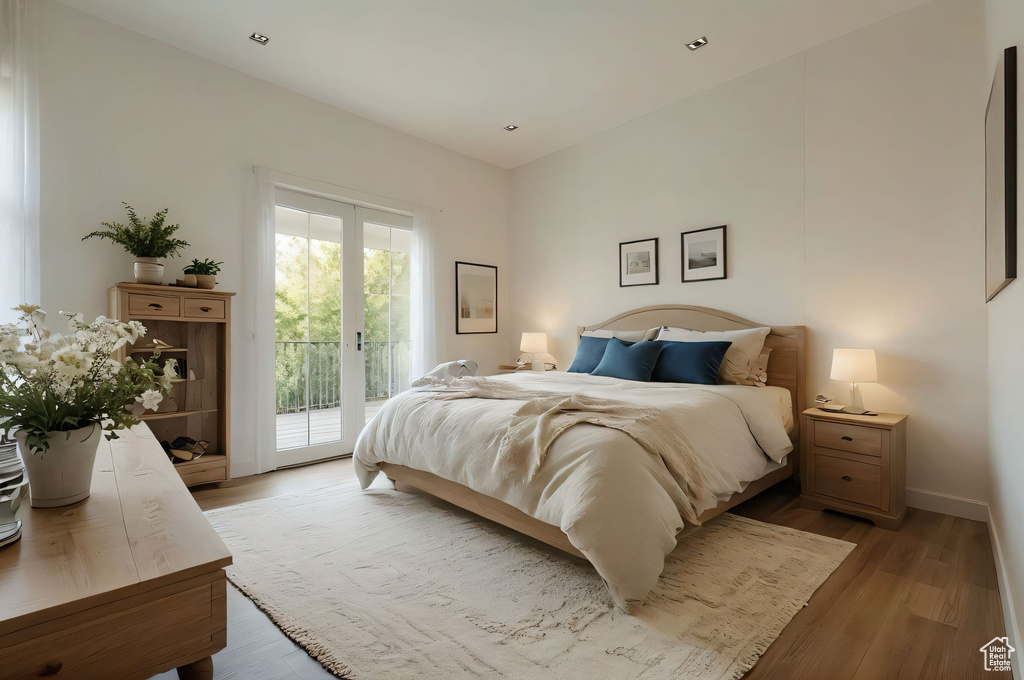 Bedroom with access to exterior and light wood-style floors