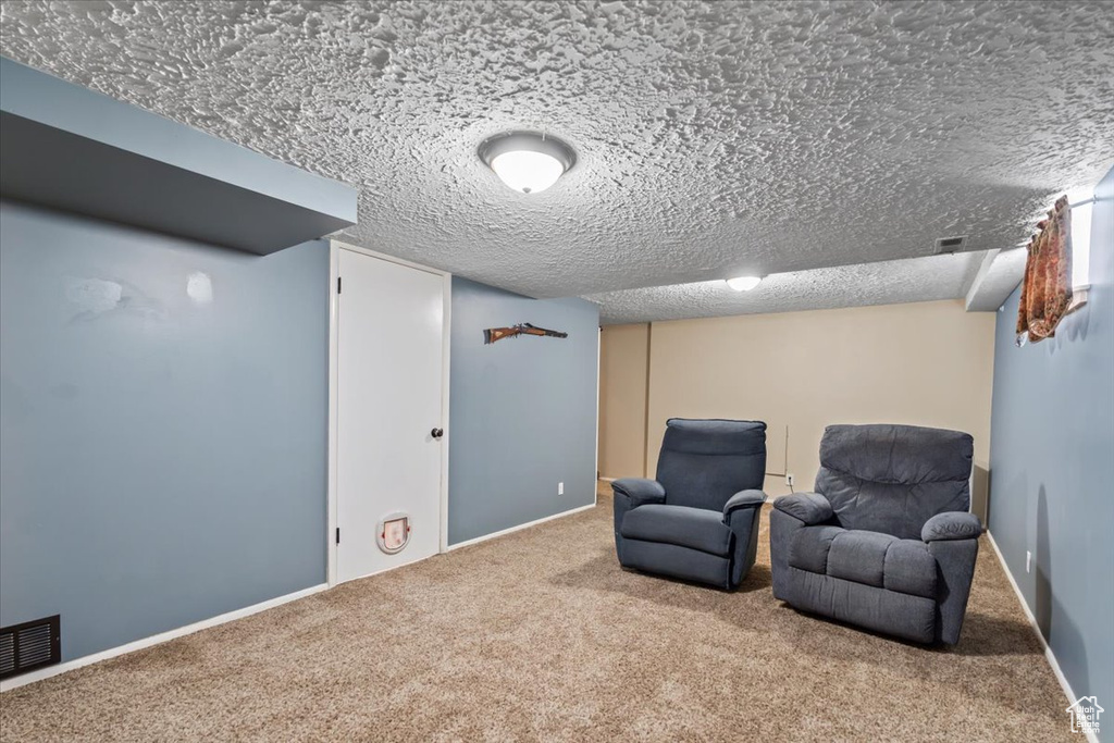 Living area featuring baseboards, visible vents, and carpet floors