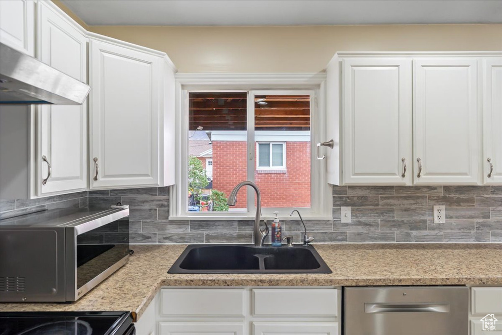 Kitchen featuring white cabinets, dishwasher, wall chimney exhaust hood, and a sink
