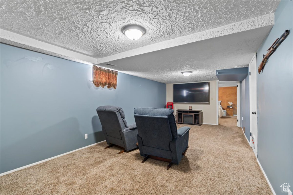 Living area with baseboards and carpet