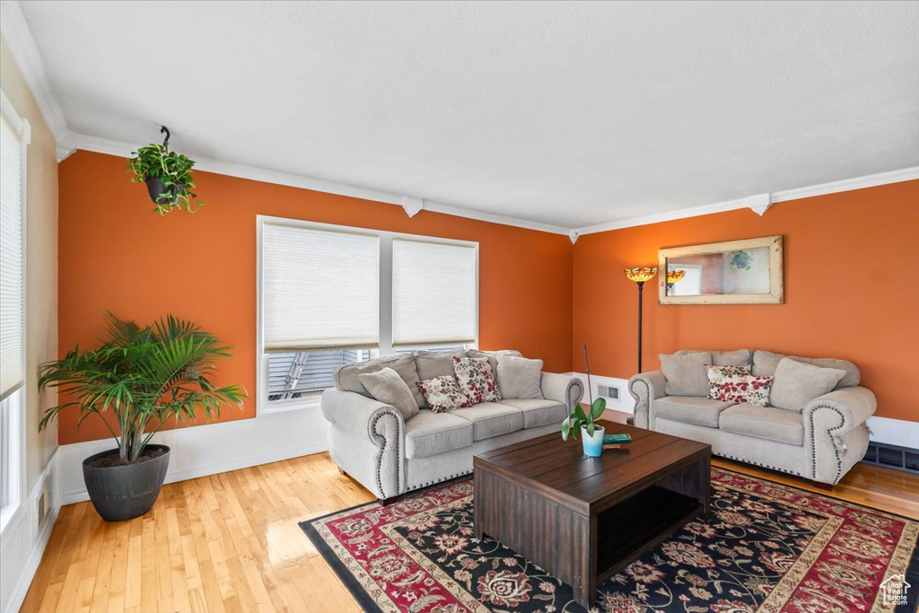 Living area featuring visible vents, baseboards, ornamental molding, and wood finished floors