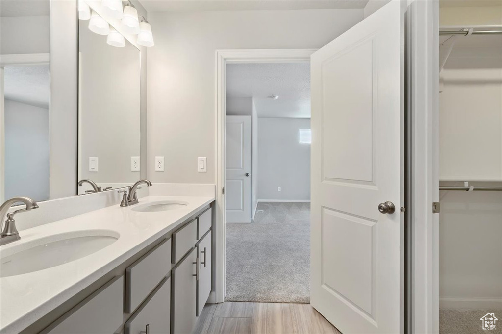 Bathroom with double vanity, a sink, a spacious closet, and baseboards