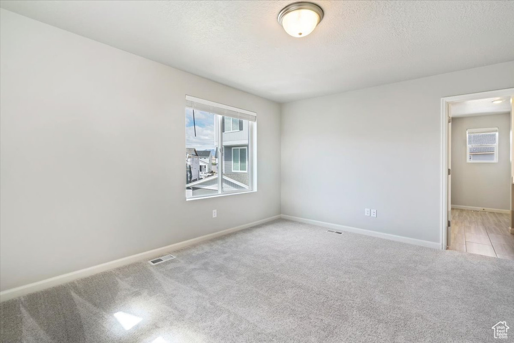 Carpeted spare room with visible vents, a wealth of natural light, baseboards, and a textured ceiling