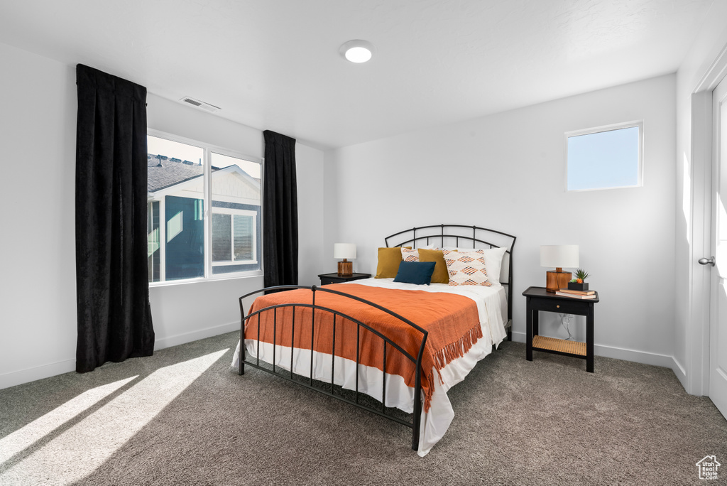 Bedroom with visible vents, multiple windows, and carpet