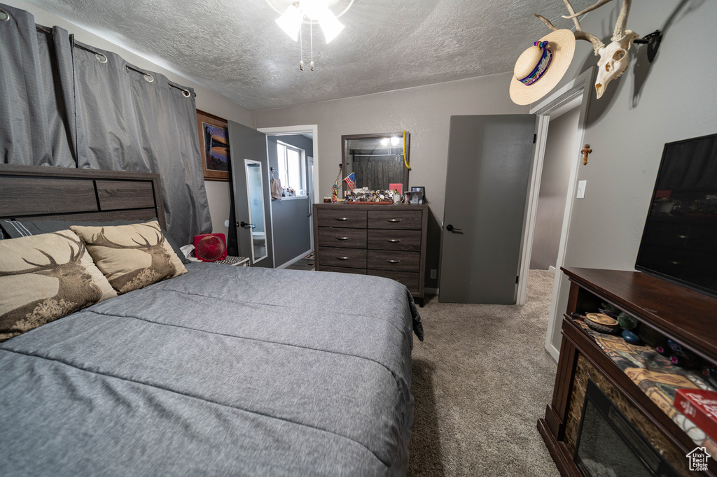 Carpeted bedroom with a textured ceiling