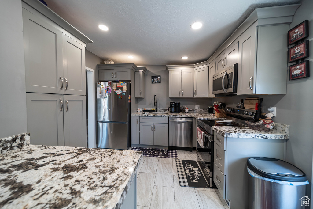 Kitchen featuring a sink, gray cabinets, recessed lighting, and stainless steel appliances