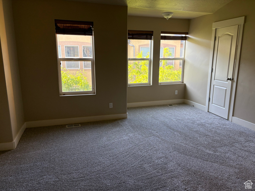 Carpeted empty room featuring plenty of natural light, baseboards, and a textured ceiling