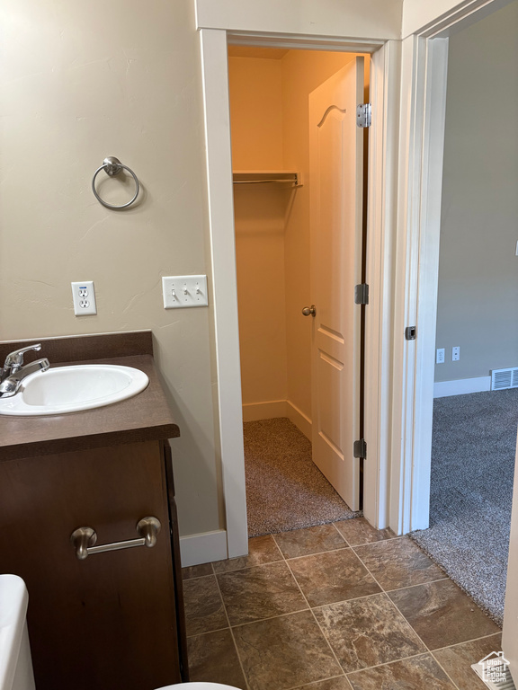 Bathroom featuring vanity, baseboards, and a spacious closet
