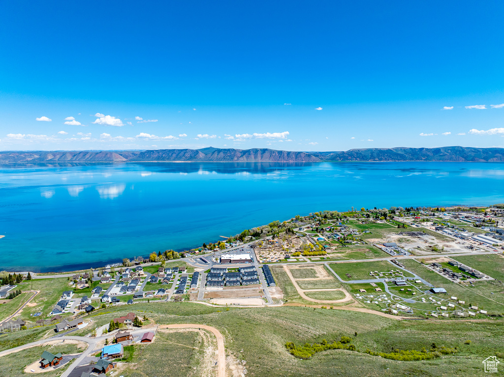 Aerial view of a water and mountain view