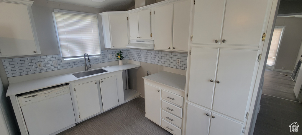 Kitchen with under cabinet range hood, dishwasher, a sink, and backsplash