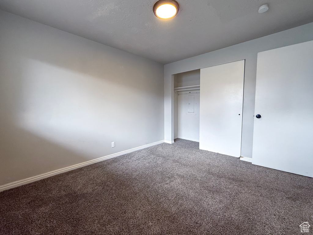 Unfurnished bedroom featuring baseboards, carpet floors, and a closet