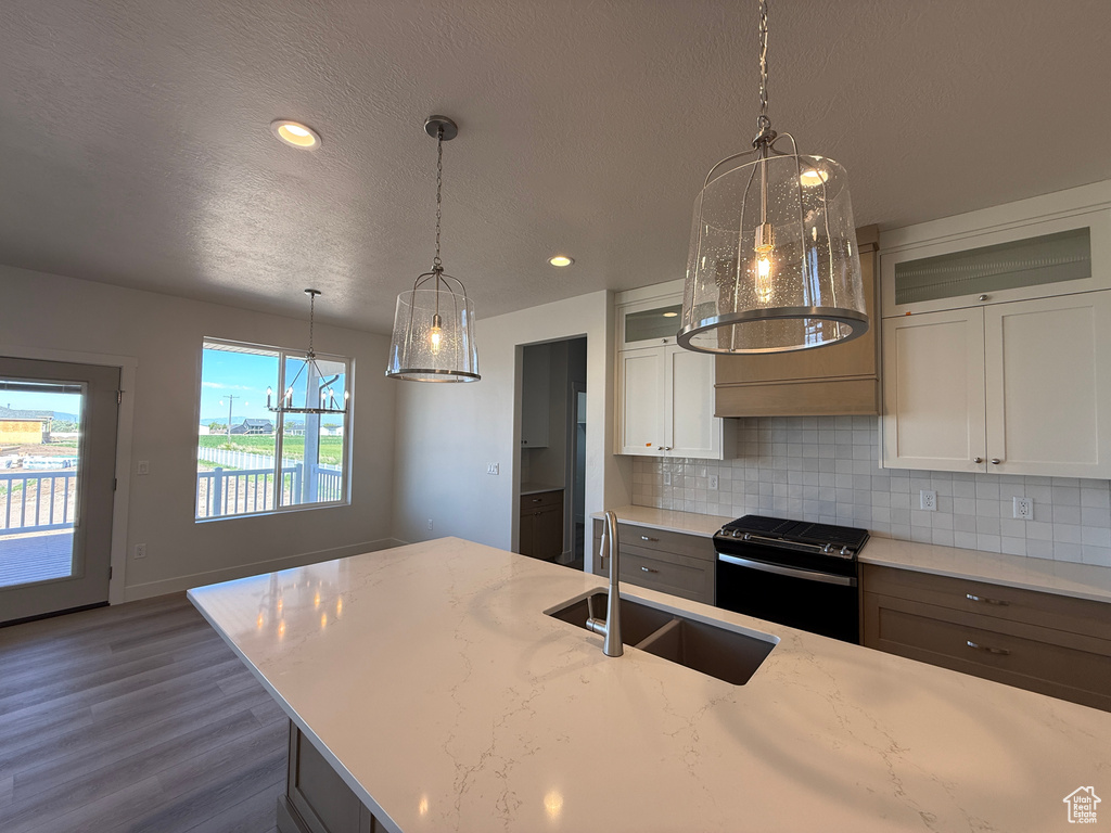 Kitchen featuring black gas range, a sink, wood finished floors, backsplash, and white cabinets
