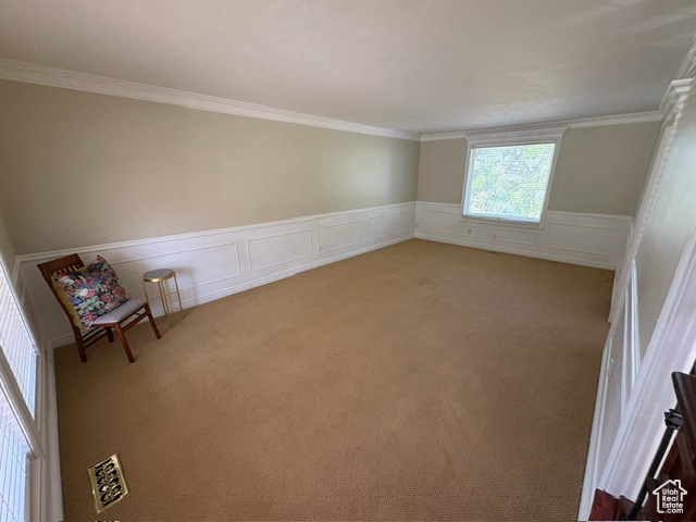 Carpeted empty room with wainscoting, ornamental molding, and a decorative wall
