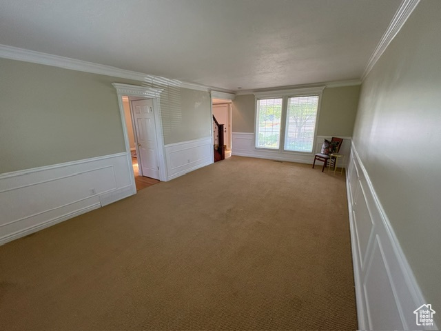 Unfurnished room featuring ornamental molding, light colored carpet, wainscoting, and a decorative wall