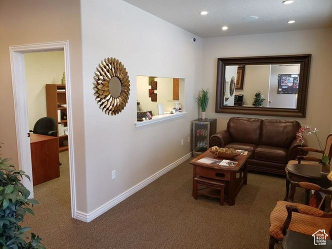 Living room featuring recessed lighting, baseboards, and carpet floors