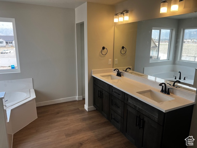 Full bath featuring a garden tub, a sink, and wood finished floors