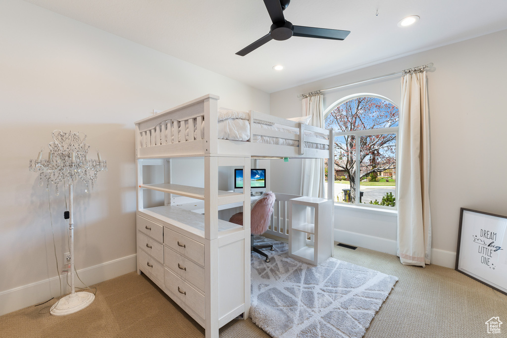 Bedroom with visible vents, baseboards, recessed lighting, and light colored carpet