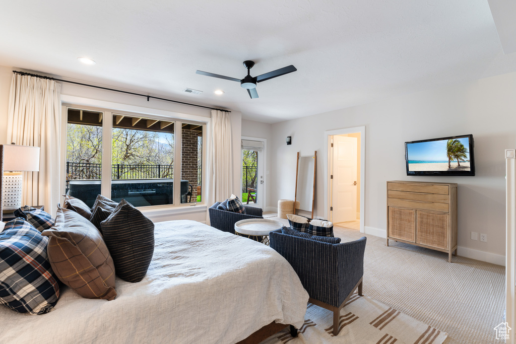 Bedroom featuring light carpet, a ceiling fan, baseboards, and recessed lighting