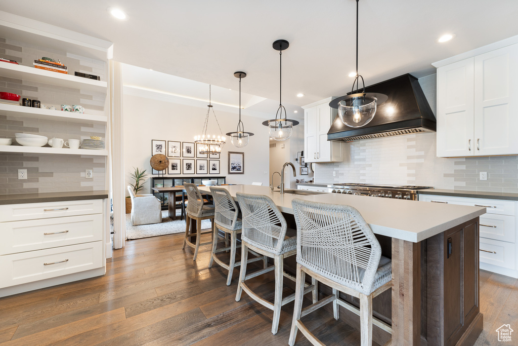 Kitchen with a kitchen island with sink, dark wood-style floors, a sink, custom exhaust hood, and backsplash