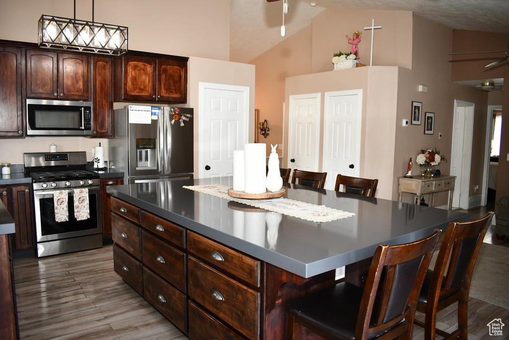 Kitchen with high vaulted ceiling, a kitchen breakfast bar, a center island, stainless steel appliances, and wood finished floors