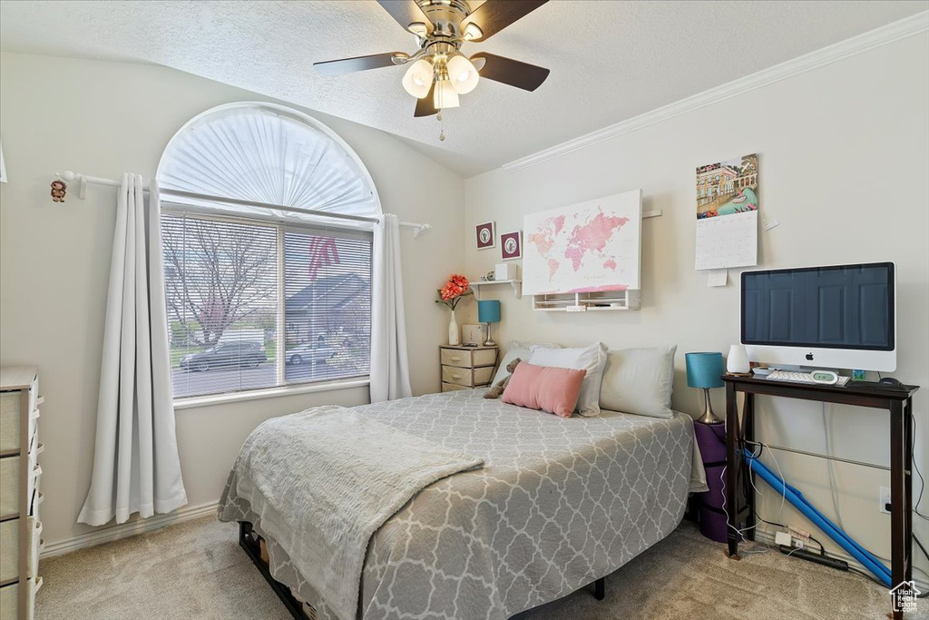 Carpeted bedroom featuring vaulted ceiling, a textured ceiling, a ceiling fan, and crown molding