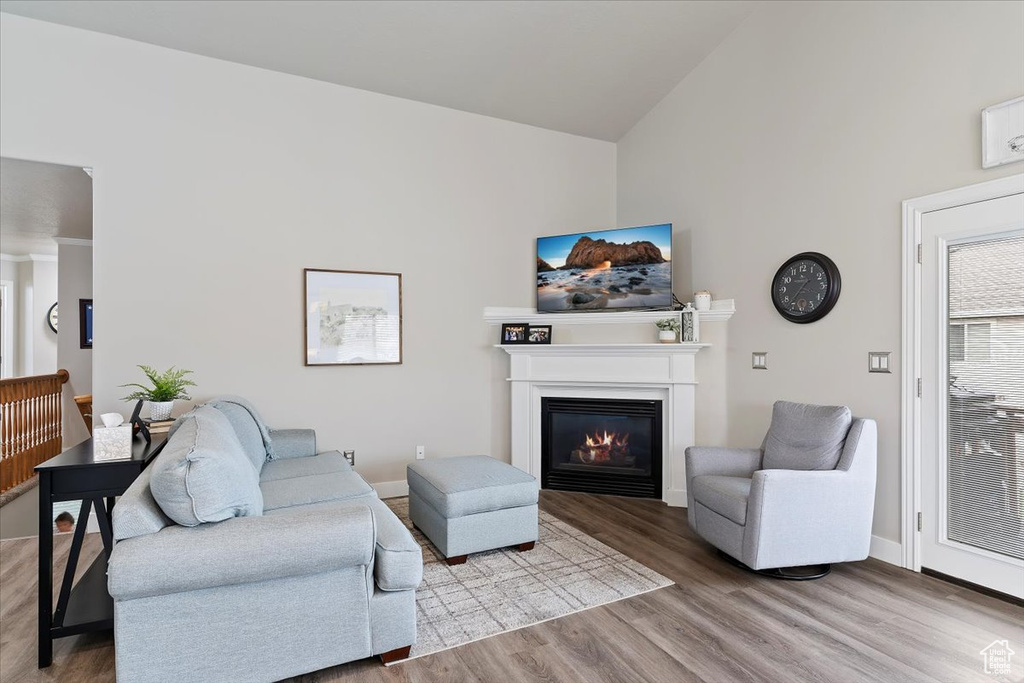 Living room with baseboards, high vaulted ceiling, a glass covered fireplace, and wood finished floors