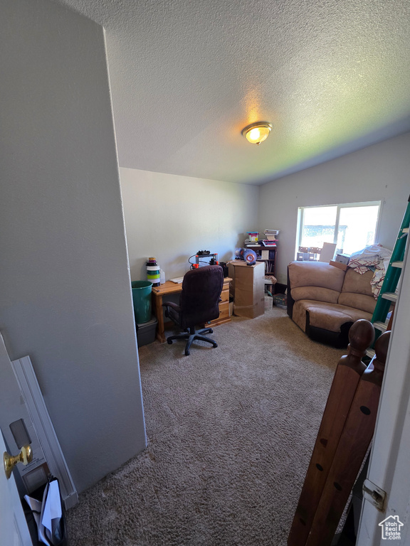 Home office featuring carpet floors and a textured ceiling