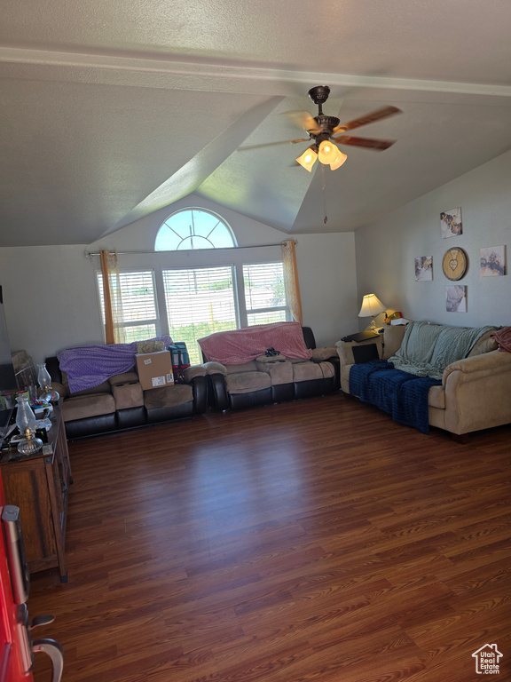 Living room featuring ceiling fan, wood finished floors, and vaulted ceiling
