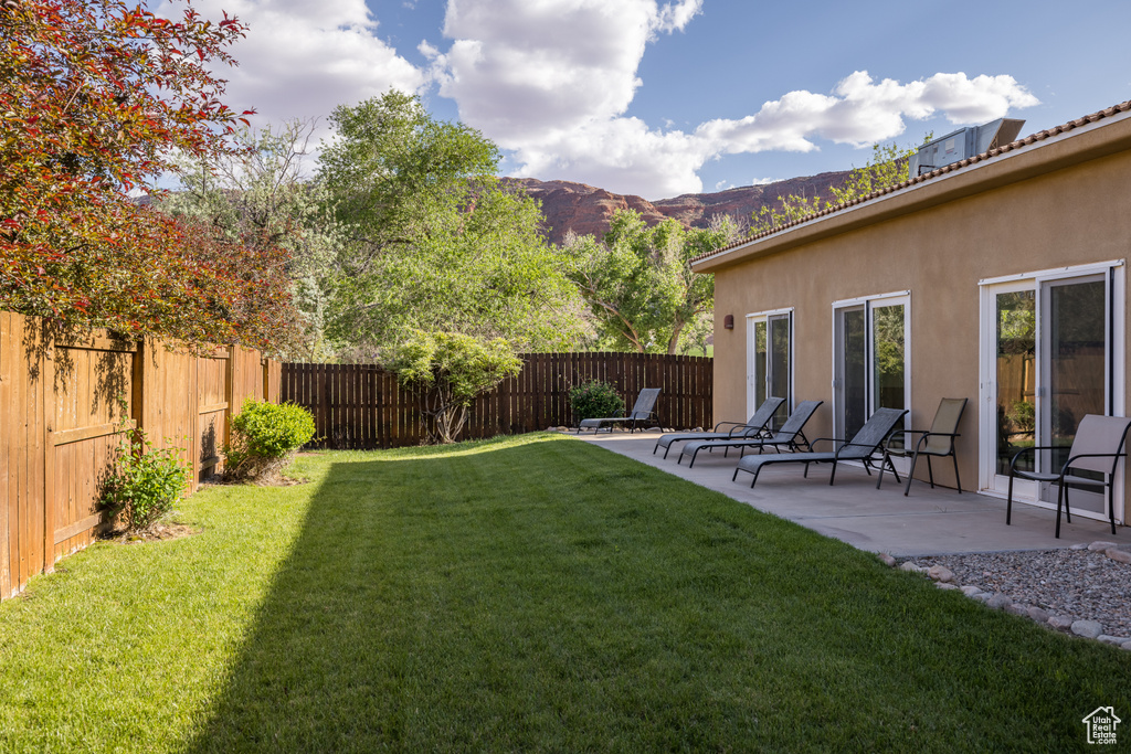 View of yard featuring a fenced backyard, a mountain view, and a patio area
