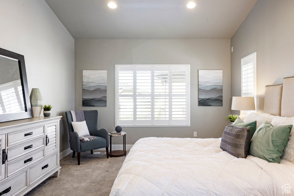 Bedroom featuring light carpet, baseboards, and recessed lighting