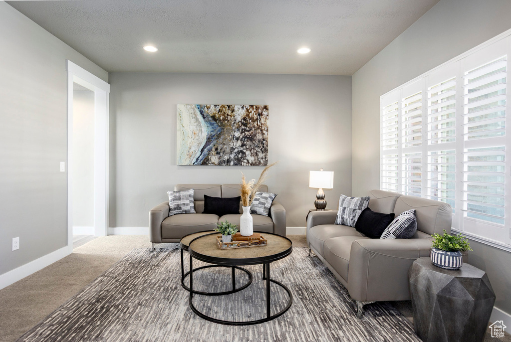 Carpeted living room featuring baseboards and recessed lighting
