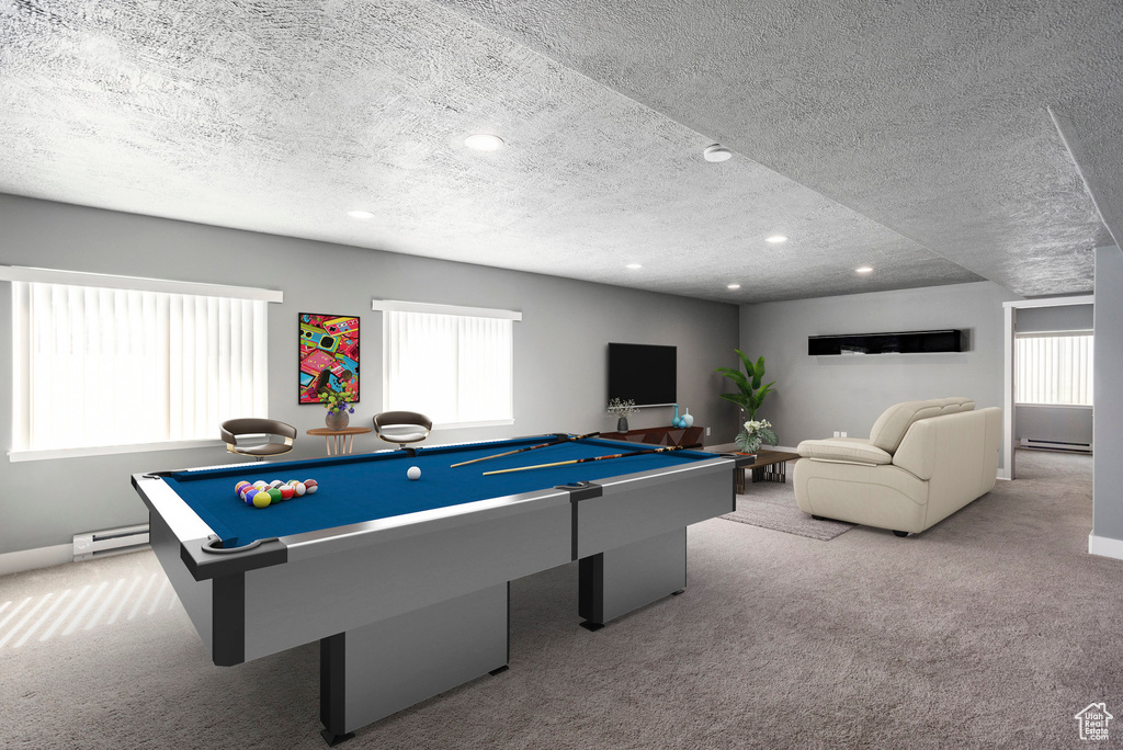 Game room with billiards, a healthy amount of sunlight, a textured ceiling, carpet flooring, and baseboard heating